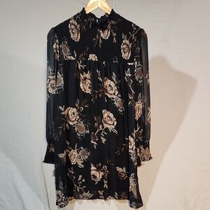 Ophelia Roe Floral‎ Black Dress With Sheer Sleeves. Smocking On Chest Size Med